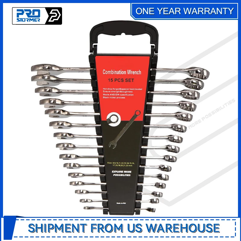 Combination Wrench 15PCS Set Mechanic Cr-V Ratchet Wrench Set Metric with Wrench Rack