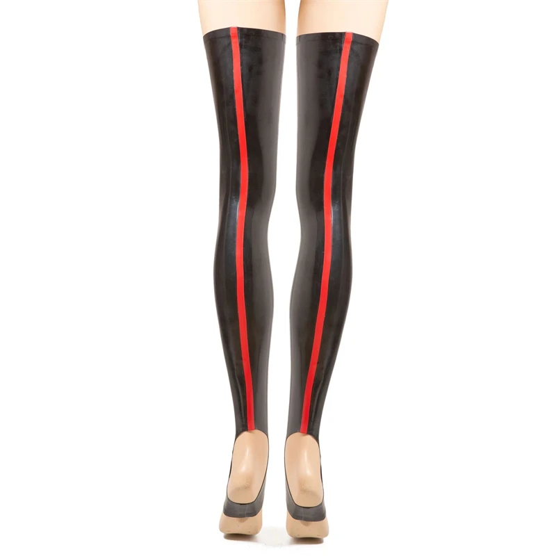 Sexy Long Latex Stockings with Red Stripes Rubber Fetish Thigh for Women Wear