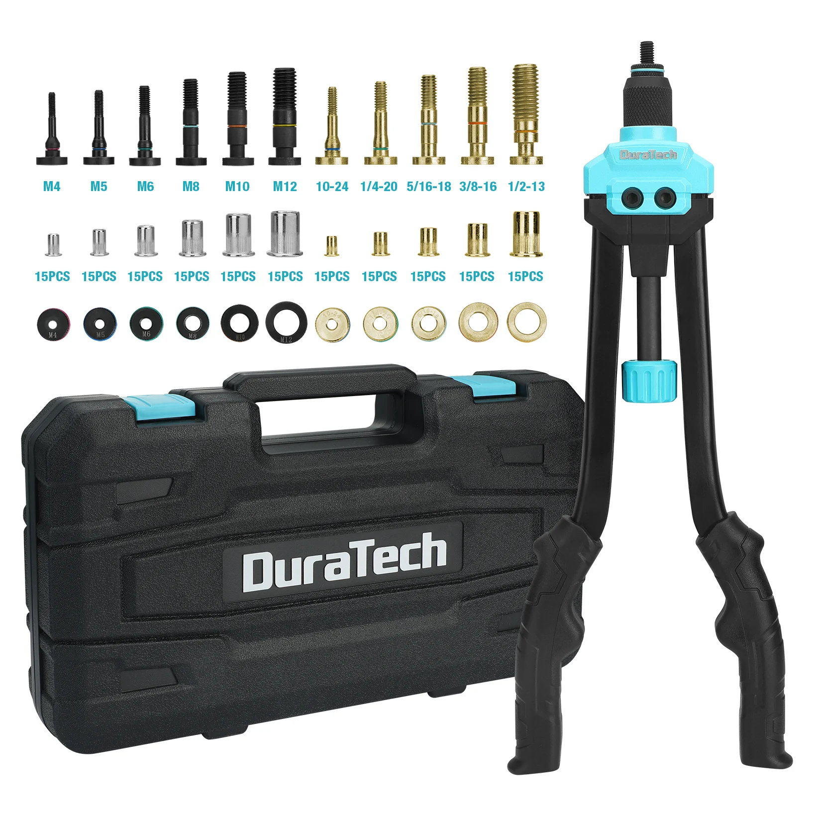 DURATECH Rivnut Tool Kit with 10PCS Metric & SAE Mandrels and 164PCS Rivet Nuts, Labor-Saving and Compact with Carry Case