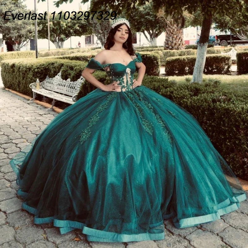 

EVLAST Customized Emerald Green Quinceanera Dress Ball Gown Lace Applique Beaded Corset Sweet 16 Vestidos De 15 Años TQD854