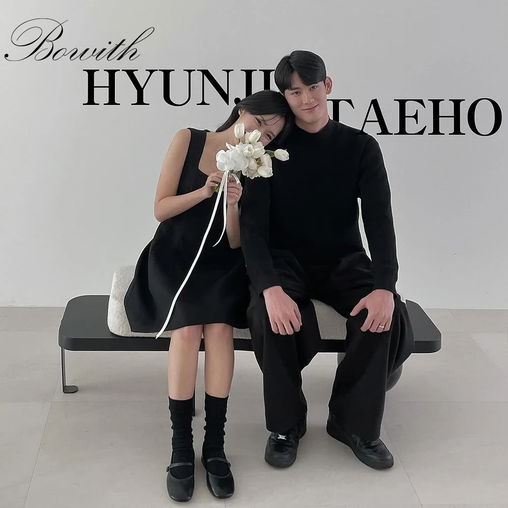 

Bowith Black Mini Evening Party Dresses Square Collar Sleeves Korean Wedding Snap Dresses Customized Short Prom Dresses