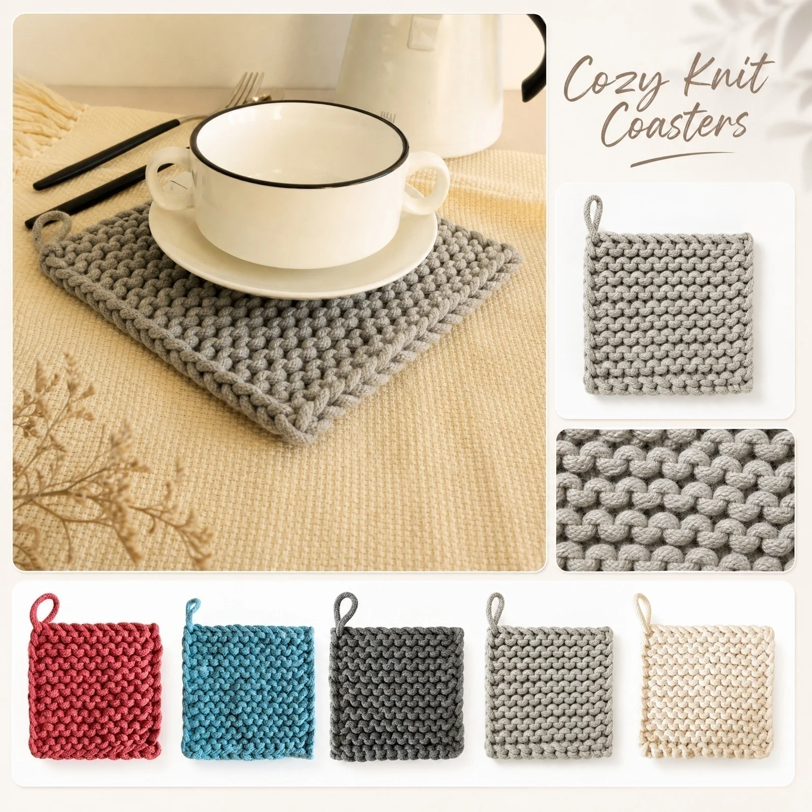 Square Crochet Pot Holder Set 3pcs 12cm Heat Resistant Bowl Coaster Anti Slip Trivet Mat Kitchen Cooking Tool