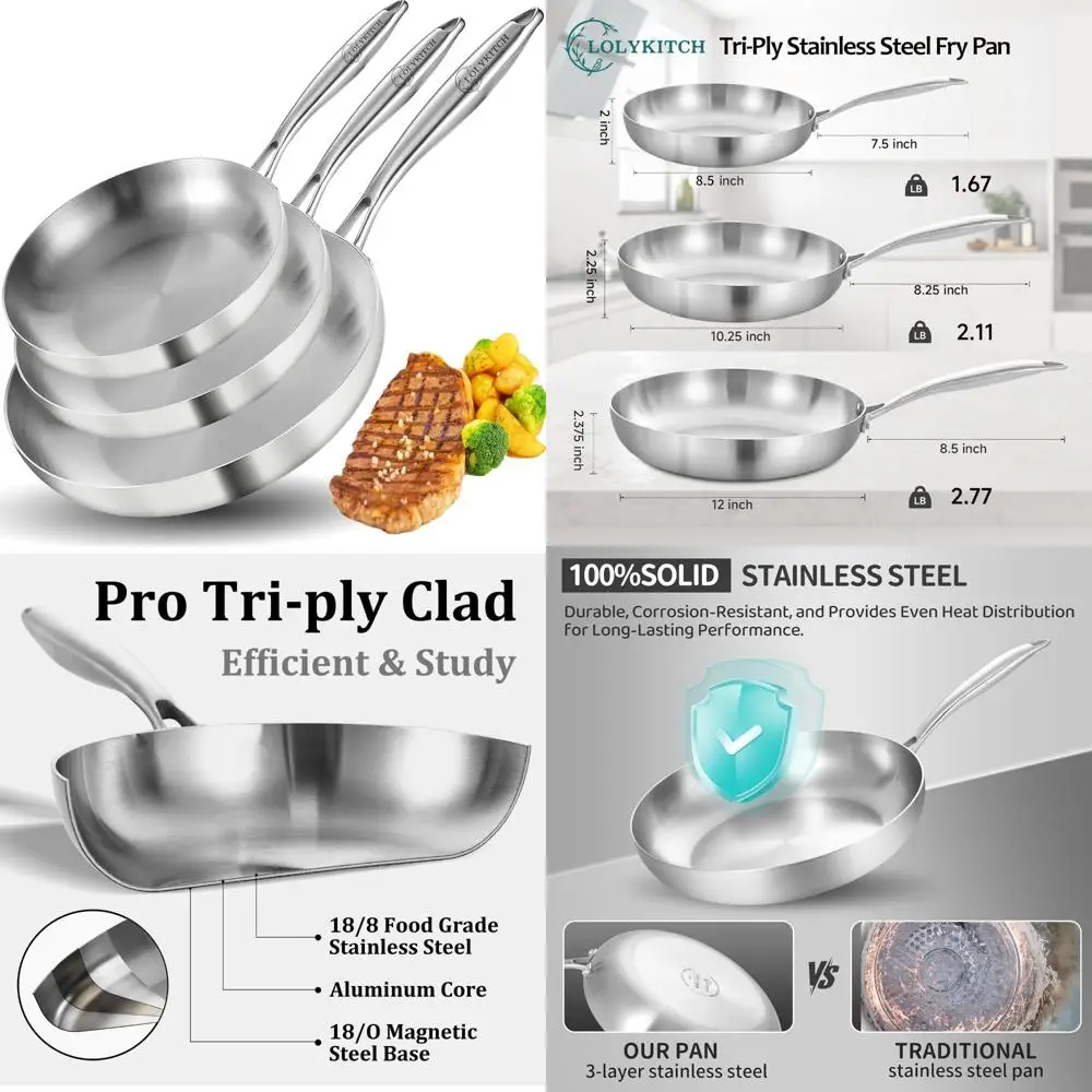 

8-10-12 Inch Tri-Ply Stainless Steel Frying Pan Set, Chef's Pans, Skillets, Induction Cookware, Pots and Pans Set, Durable Cooki