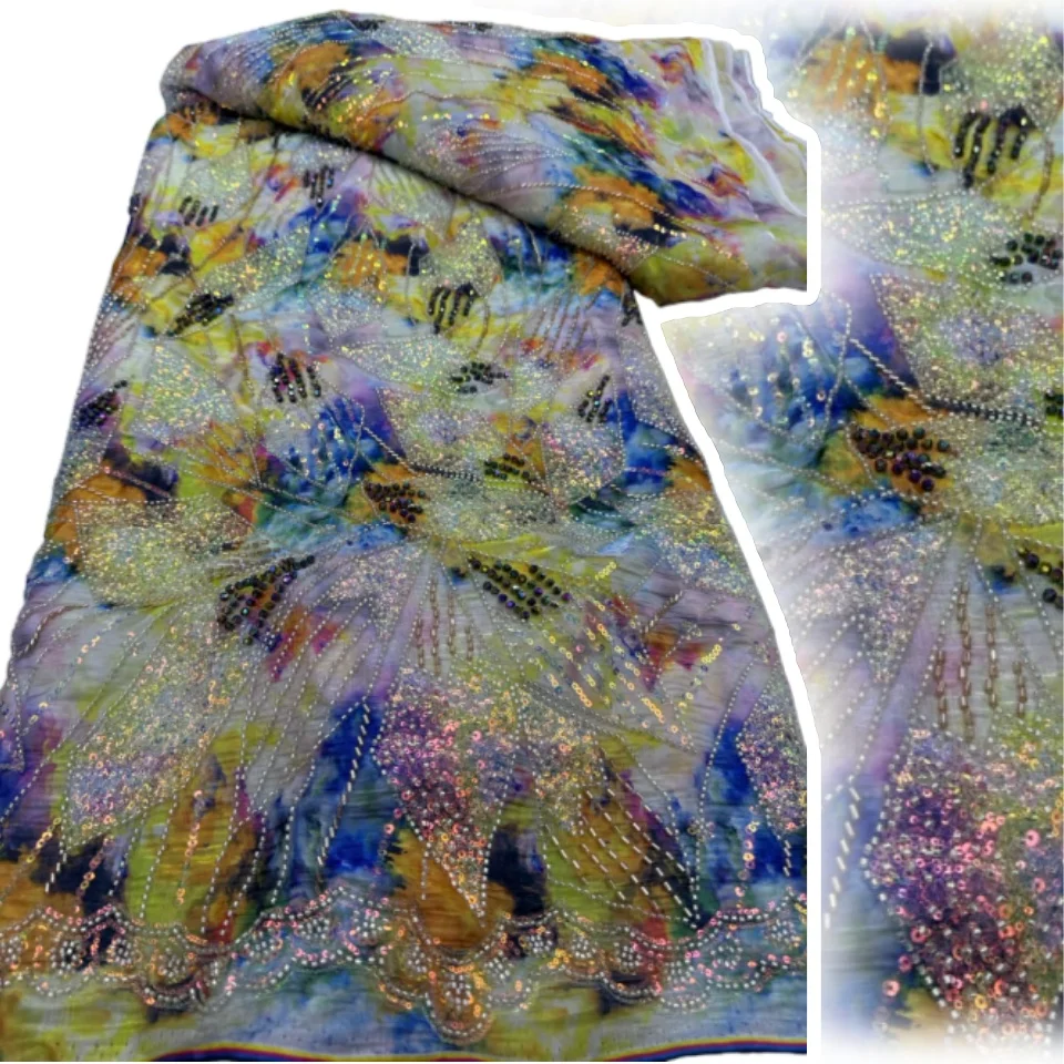 

African Lace Fabric 2025 High Quality 5yard Textile Printing Sequins Beaded Lace Embrordered Tulle Lace for Party Dress TP1620