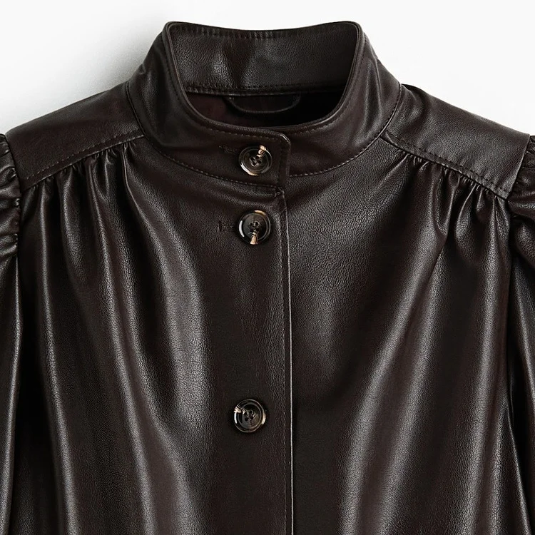 Ele sle ort couro revestido pu jaet longo sve gola feminina faion outono inverno nova chegada 36678