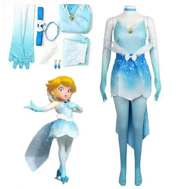 

Princess Peach Toadstool Dress Fashion Cosplay Costume Blue Dress Socks Gloves Belt Accessories Set Ice Peach Role Play Suit Ha