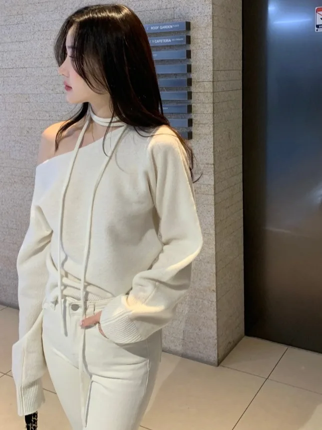 Prendas de punto largas Retro con cinturón y hombros descubiertos para mujer, Top elegante de punto Sle Pure Desire para otoño e invierno, fibra de poliéster