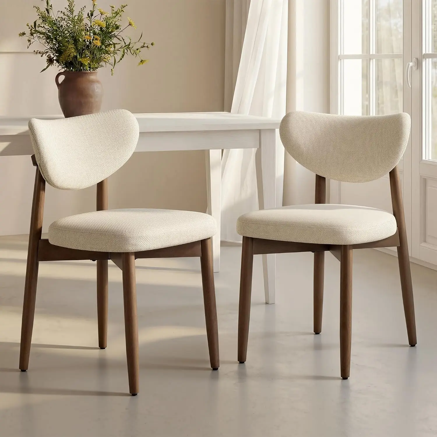 Wooden Dining Chairs Set of 2, Upholstered Kitchen Chairs with Solid Wood Legs, Ergonomic Curved Backrest, Built-in Handle, Mid