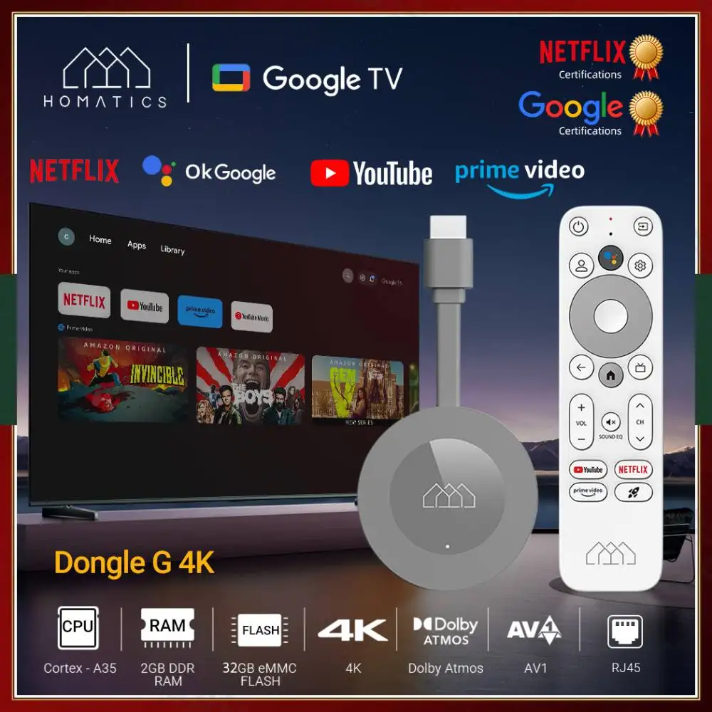 

Google Netflix Certified 11 OS Media Player Amlogic S905Y4 Dolby Atmos HOMATICS Dongle G 4K TV Stick 2.4&5G 2T2R Wifi BT5.0 BOX