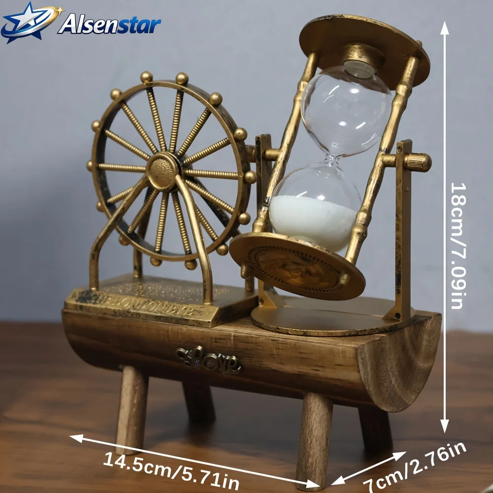 1pc Vintage Ferris Wheel Sand Timer Wooden Base Desk Ornament Craft Artwork No Power Home Office Study Decor Perfect Gift Idea