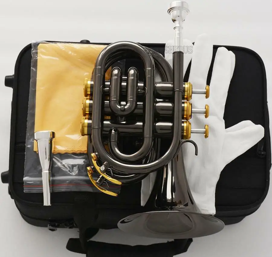 

Black nickel Gold Pocket Trumpet B-flat Horn Large bell 2 Mouthpiece With Case