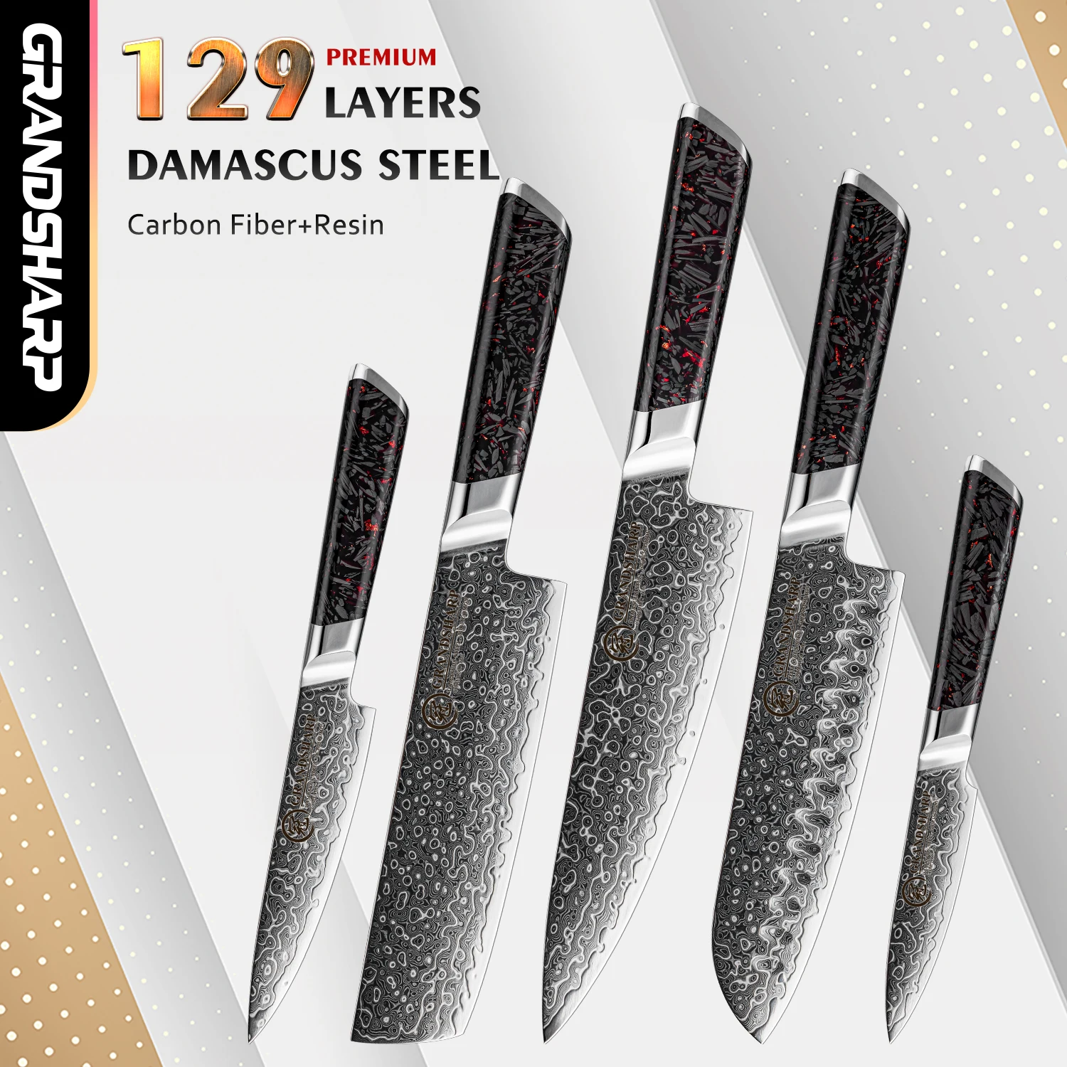 

Grandsharp 1-5pcs Damascus Steel Knife Set 10Cr15MoV Core With Carbon Fiber&Resin Handle Ergonomic Grip For Slicing Fruits