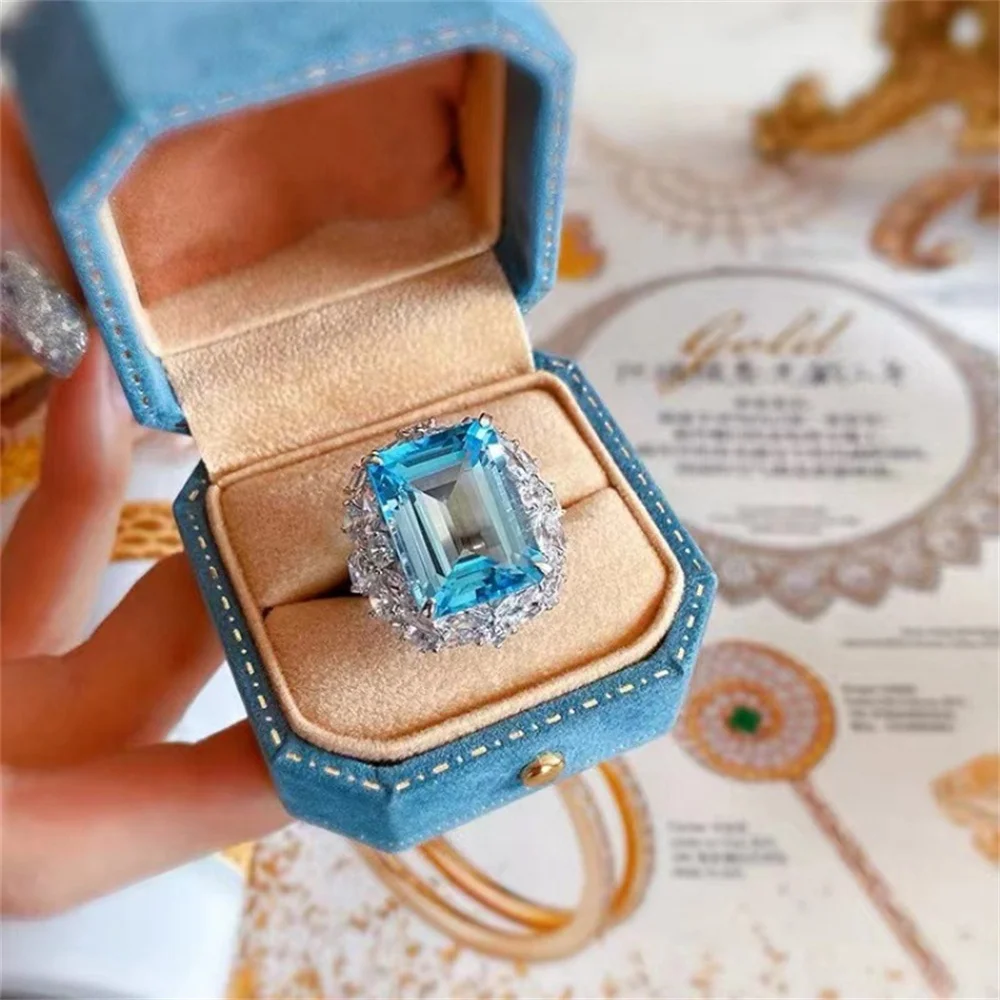 Fashionable Luxury Sea Blue Simulation Mop Stone Princess Square Shiny Open Ring Women's Banquet Travel Jewelry