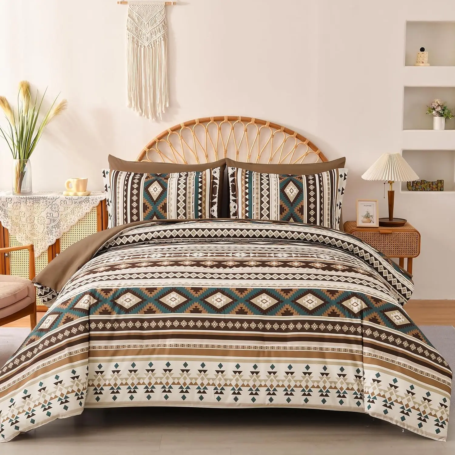 

Комплект постельного белья King Size в богемном стиле, 7 предметов, коричневый, с ацтекским узором, с пододеяльником и простынями 90x104 см