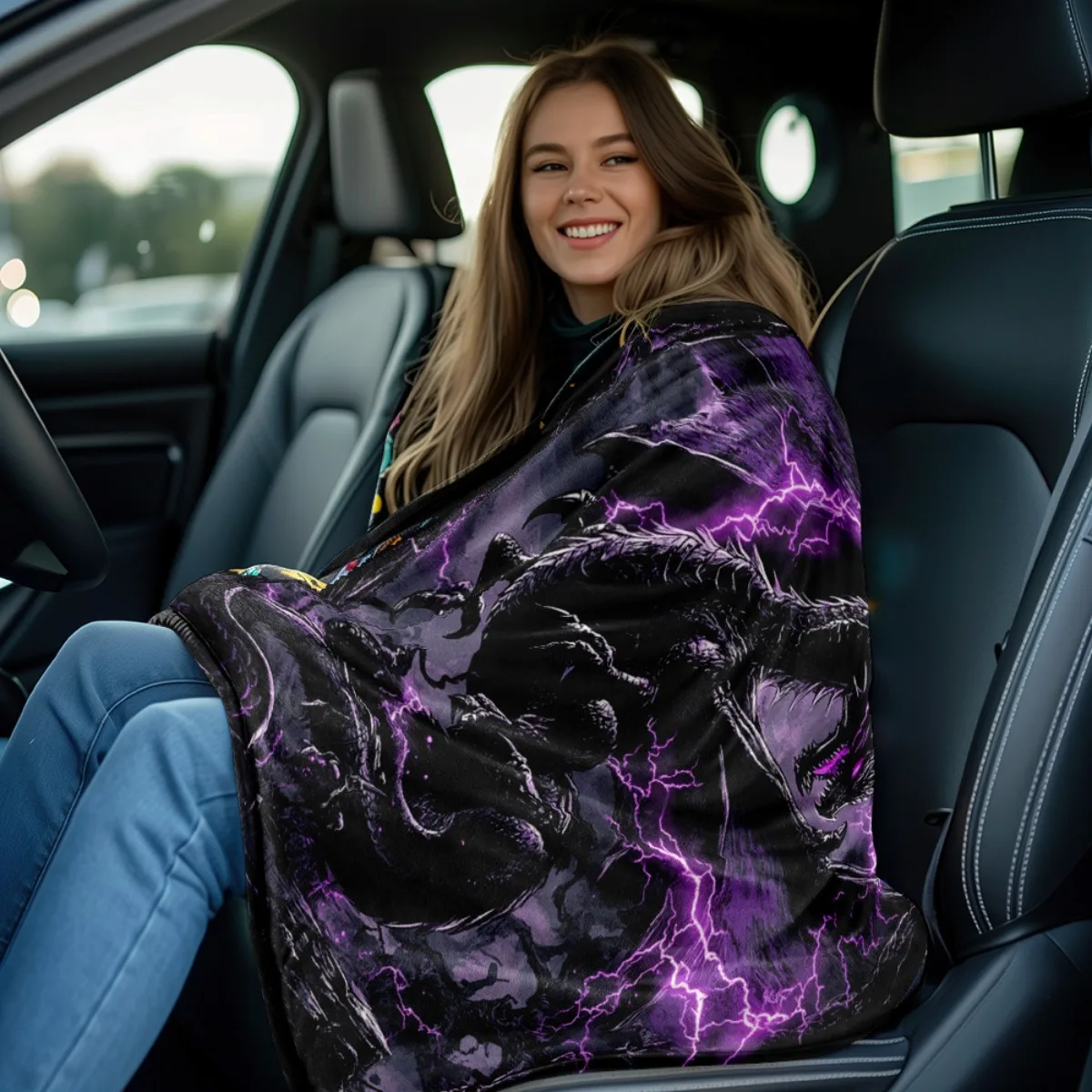 Printed Black Dragon Fleece Blanket Purple Lightning Storm Soft Warm Flannel Throw Blankets for Bed Sofa Home Decor