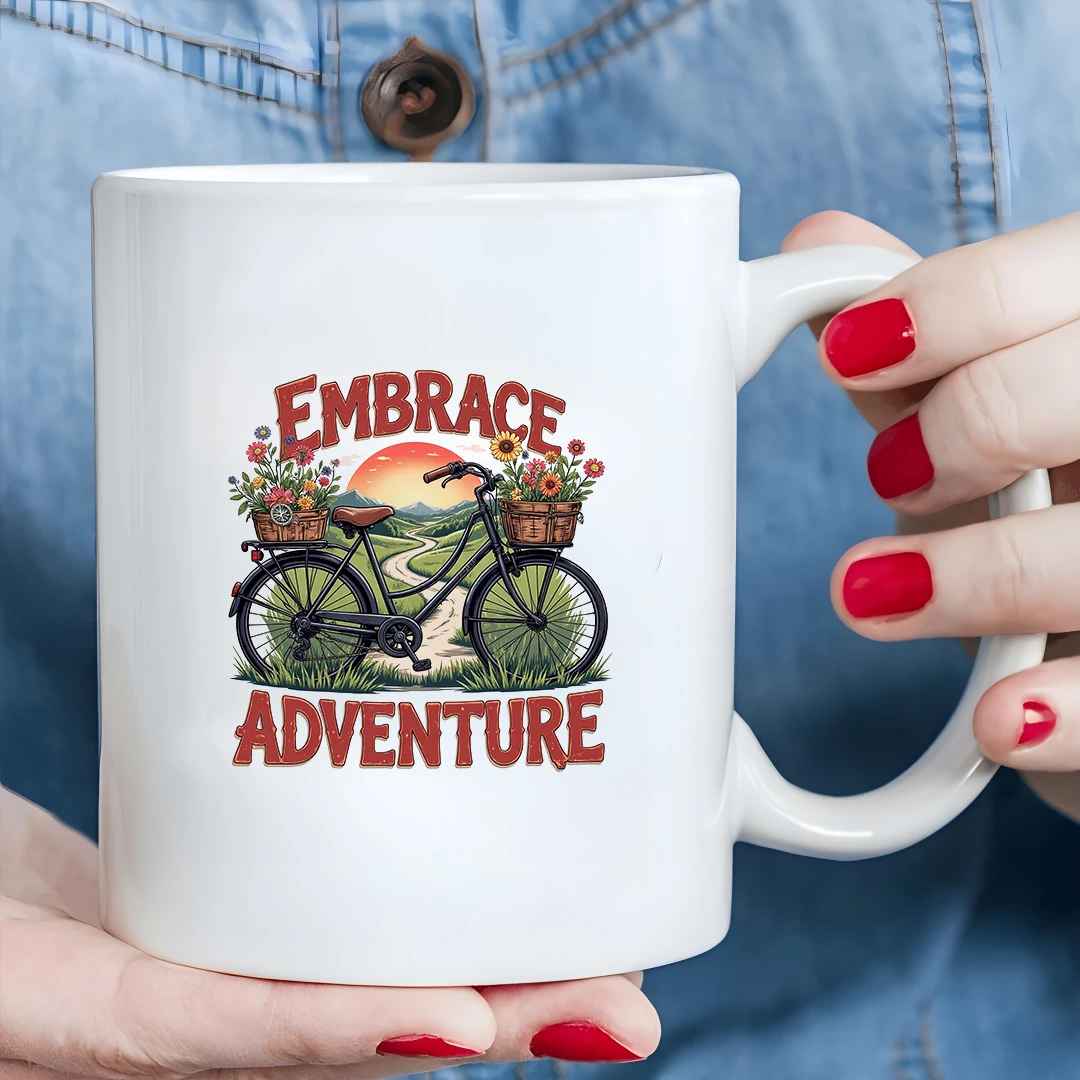 

11oz Mug + Vintage Bicycle Illustration + EMBRACE ADVENTURE + Kids Cold & Hot Beverage Cup Christmas Gift for Family & Office
