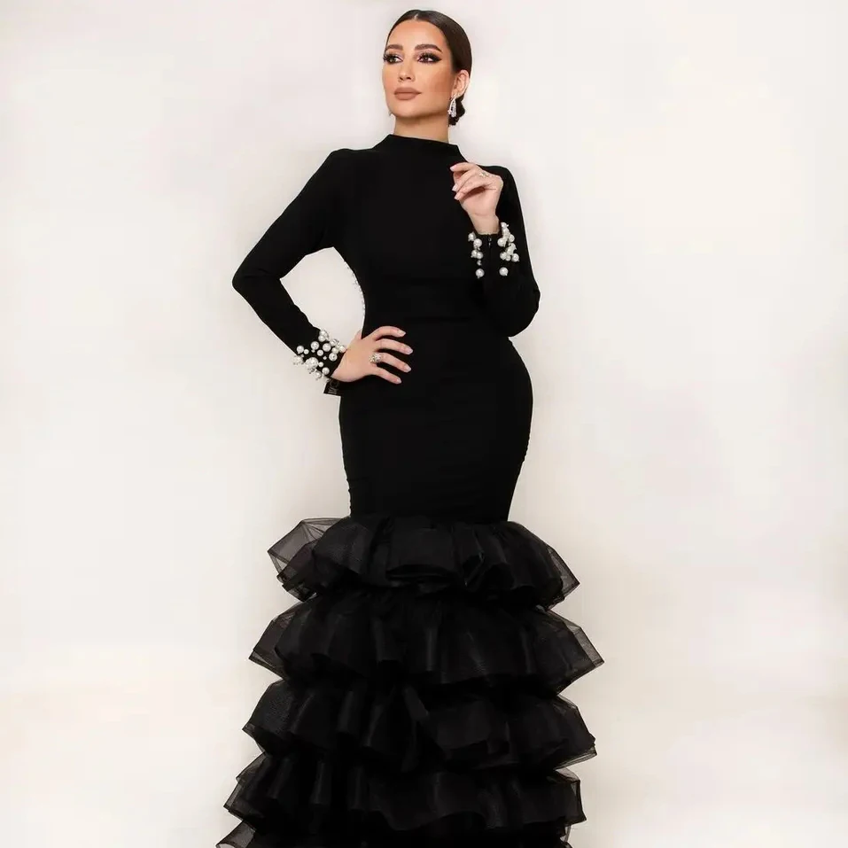 Black Mermaid Evening Dresses com pérolas, Custom Prom Gowns, Backless Tiered, Formal árabe, Modest