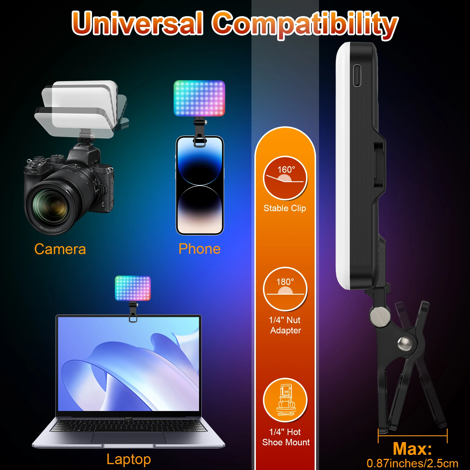 لوحة إضاءة كاميرا LED محمولة لفيديو RGB إضاءة كاملة الألوان قابلة لإعادة الشحن للتصوير الفوتوغرافي Vlog TikTok ومؤتمرات الفيديو