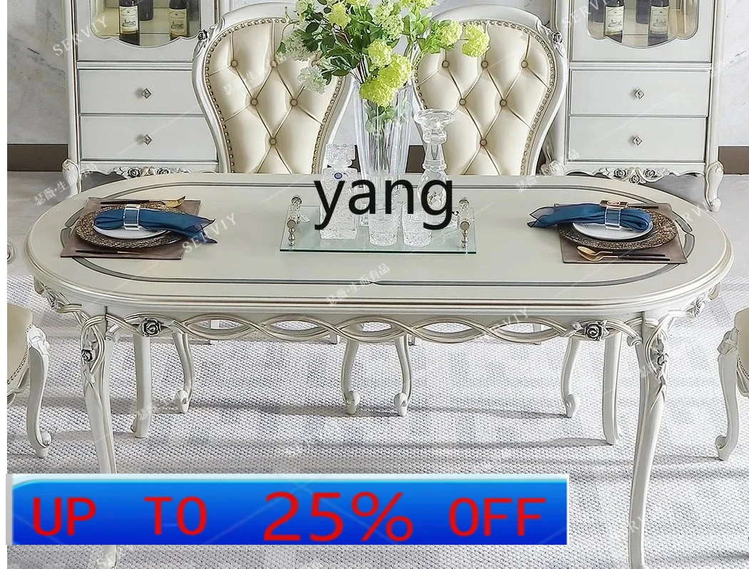 

Lh French light luxury solid wood long round dining table European luxury carved leather high-end dining table and chairs