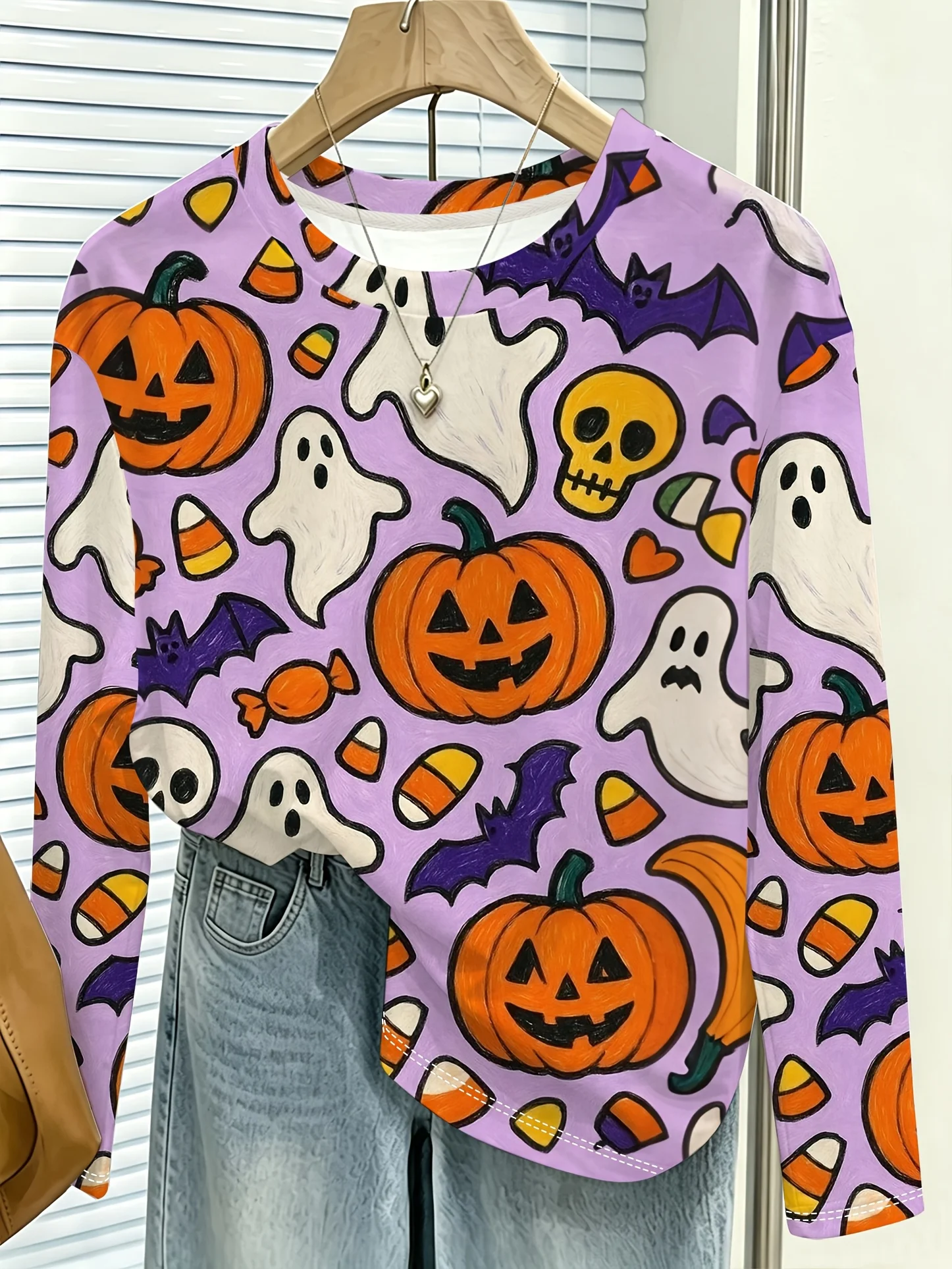 Women T‑Shirt Long Sleeve 3D Halloween Pumpkin Ghost Bat Candy Print Tees Female Wear O‑Neck Fashion Basic Top Women's Clothes