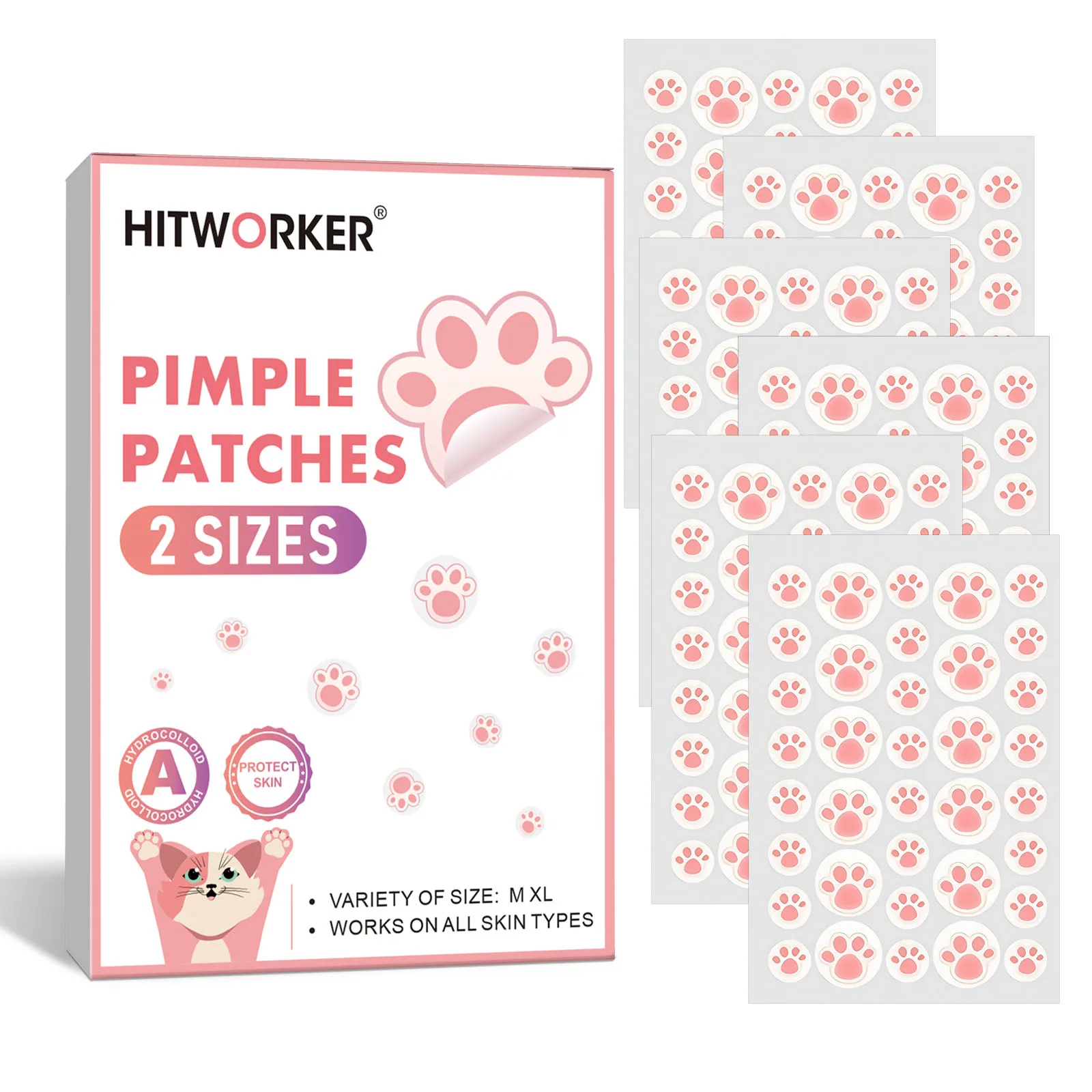 180pcs Cute Paw Print Hydrocolloid Pimple Patches for Face, 2 Sizes Blemish Cover Stickers, Cartoon Cat Paw Facial Spot Patches