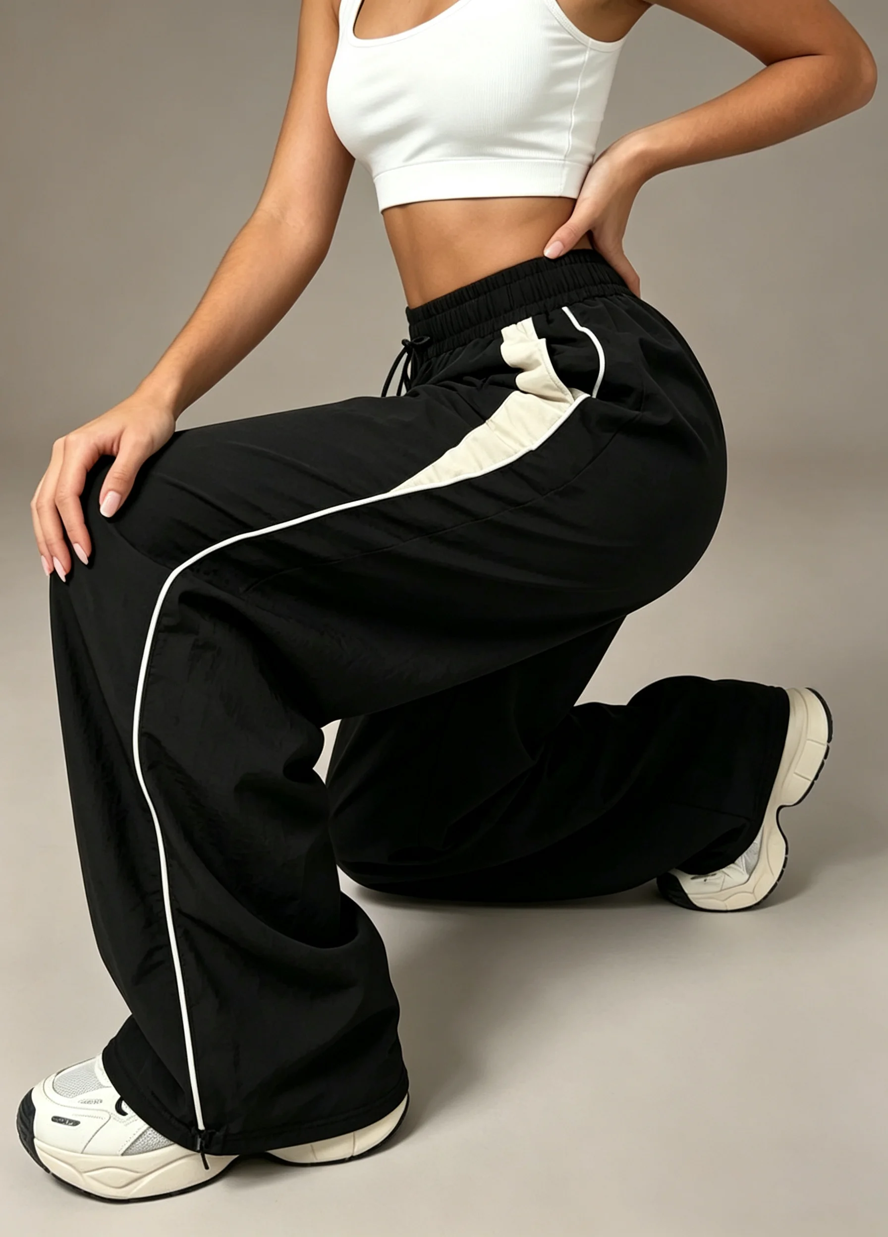Damen Casual Weite Cargo-Hose mit Kordelzug, Einfarbig, Streetwear, Elastische Taille, Jogginghose, Lose Hip-Hop-Baggy-Hose – Detail 8