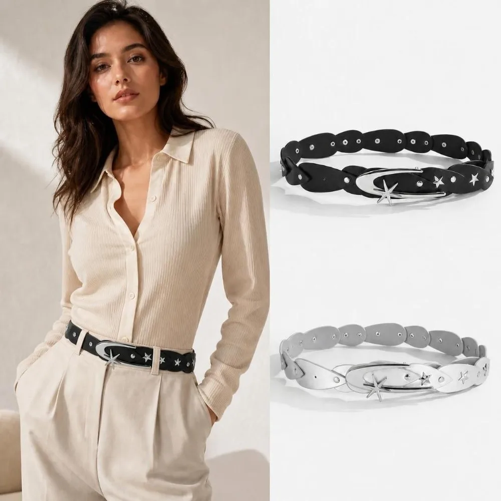 Alloy Buckle Women's Waist Belt Pu Leather Five Star Decoration Pants Belt Irregular Design Punk Style Waistband Belt