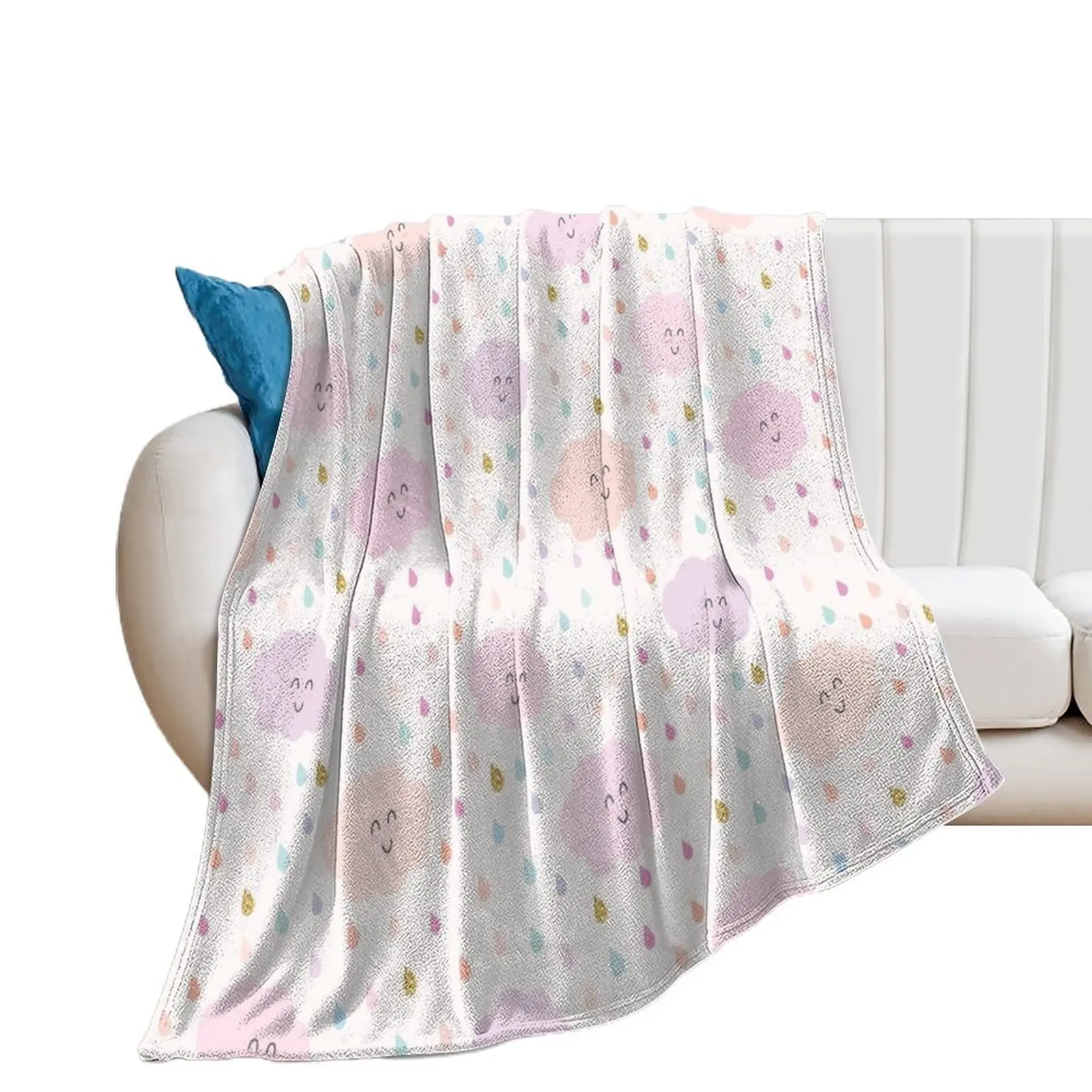 

Cute Kawaii Smiling Clouds with Raindrops in Pastel & Gold Throw Blanket Beautifuls Luxury Brand bed plaid Baby Blankets