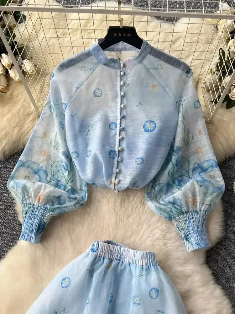 Summer Holiday Organza Gorgeous Flower 2 Piece Set Women Long Lantern Sleeve Shirt Blouse and Elastic Waist A Line Skirt Suit