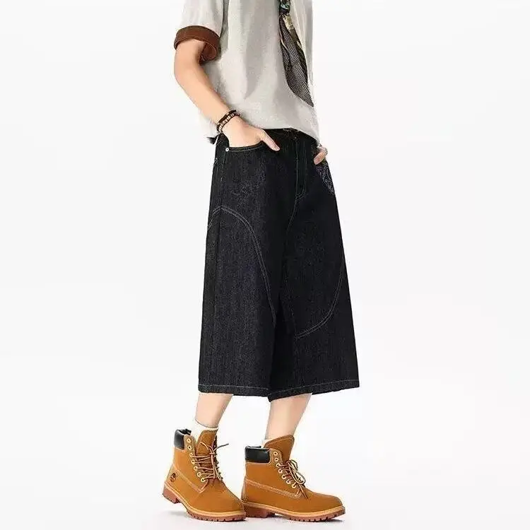 Men's Pocket Pattern Design Boys Summer Shorts Unisex Sweatpants Mini Pants Wide Leg Casual Bottom Male Calf-length Trousers