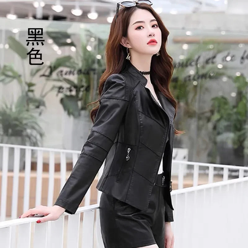 

Hhigh-end Female Long Sleeves PU Leather Jacket Autumn Women Faux Leather Coat 2025 Ladies Solid Color Short Leather Outerwear
