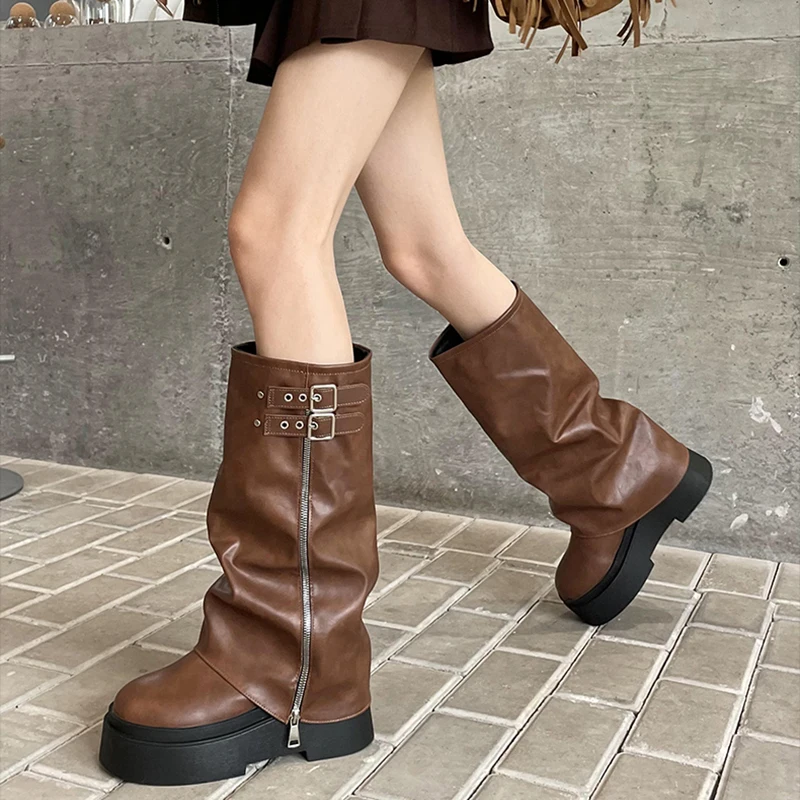 Vintage Platform Flats Women Knee High Boots Fashion Belt Buckle Shoes Autumn Winter Ladies Knight Long Booties