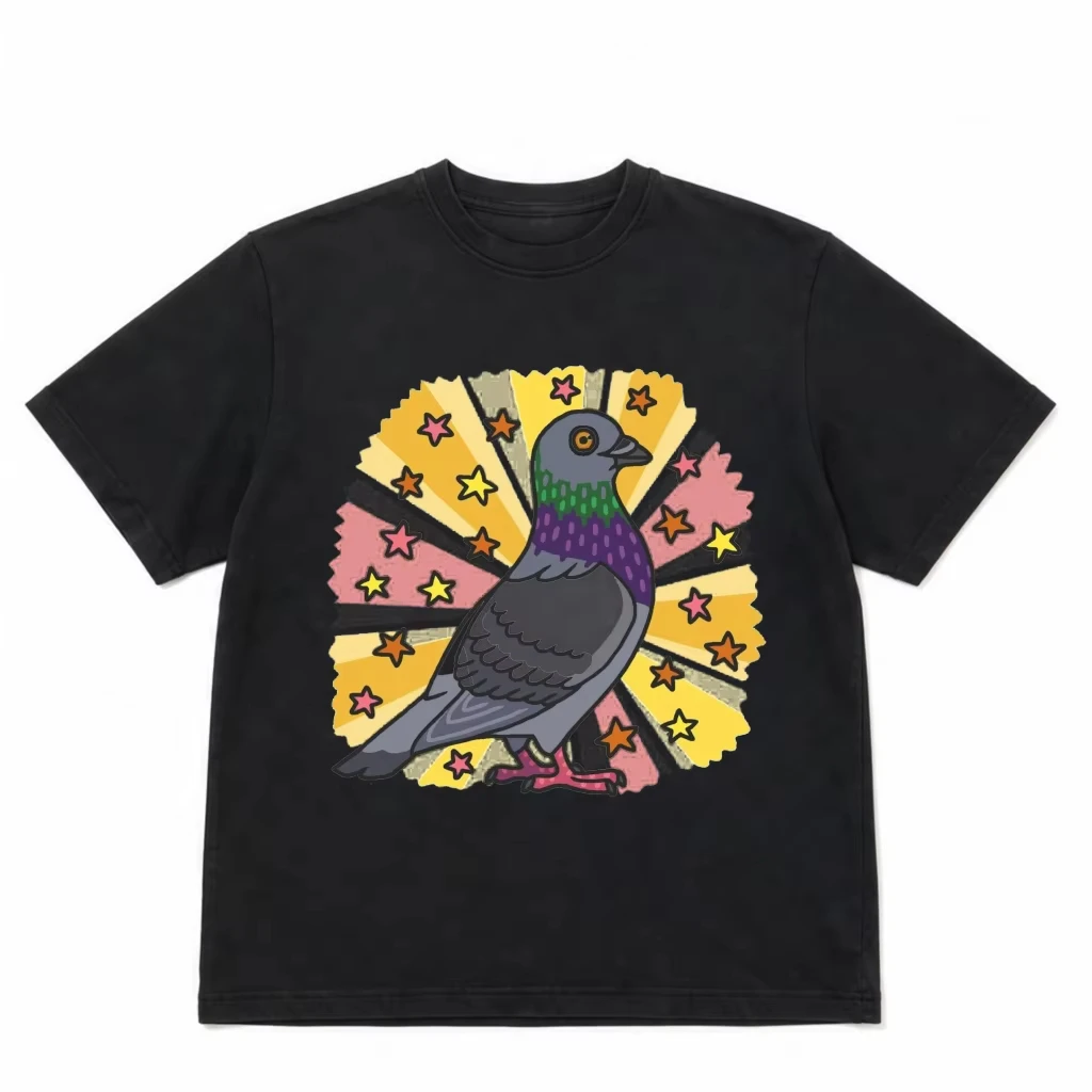 Retro Sunburst Rainbow Star Background With Pigeon Illustration Print Men White T Shirt 70s Vintage Style Avian Graphic Tee