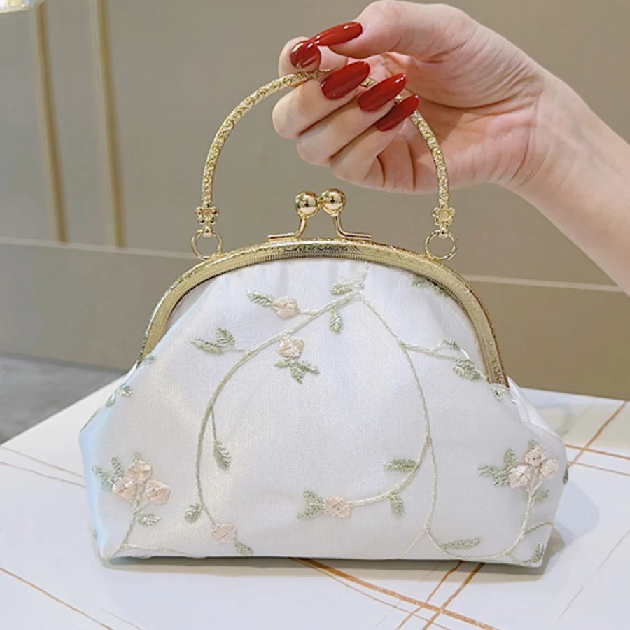 

Винтажная сумка-клатч с вышивкой и кружевными цветами, на застежке-ракушке, для женщин, свадебная, маленькая, на цепочке, через плечо, в китайском стиле