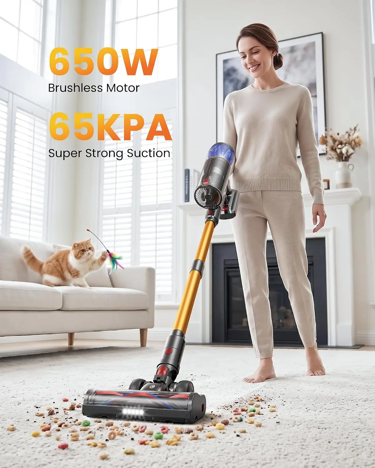 Cordless Vacuum Cleaner, 65KPA 650W Stick Vacuum with 70-Min Run Time, Self-Standing & Anti-Tangle, LED Screen, for Home, Carpets, Pet Hair, and Floors