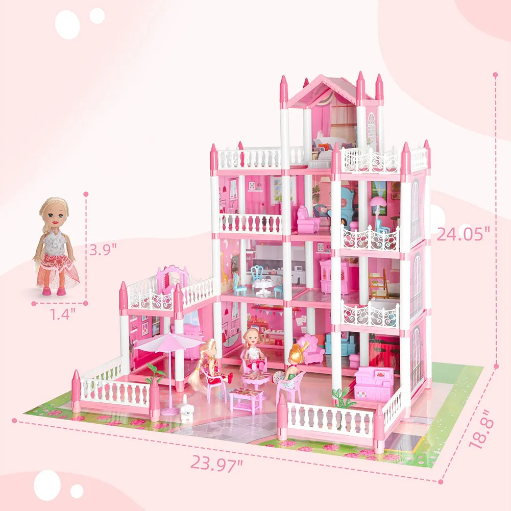 Preciosa casa de muñecas con 4 muñecas, juego de simulación, Kit de casa de muñecas DIY, 4 pisos, 11 habitaciones, figuras de juguete, casa de juegos para niñas, regalo de cumpleaños