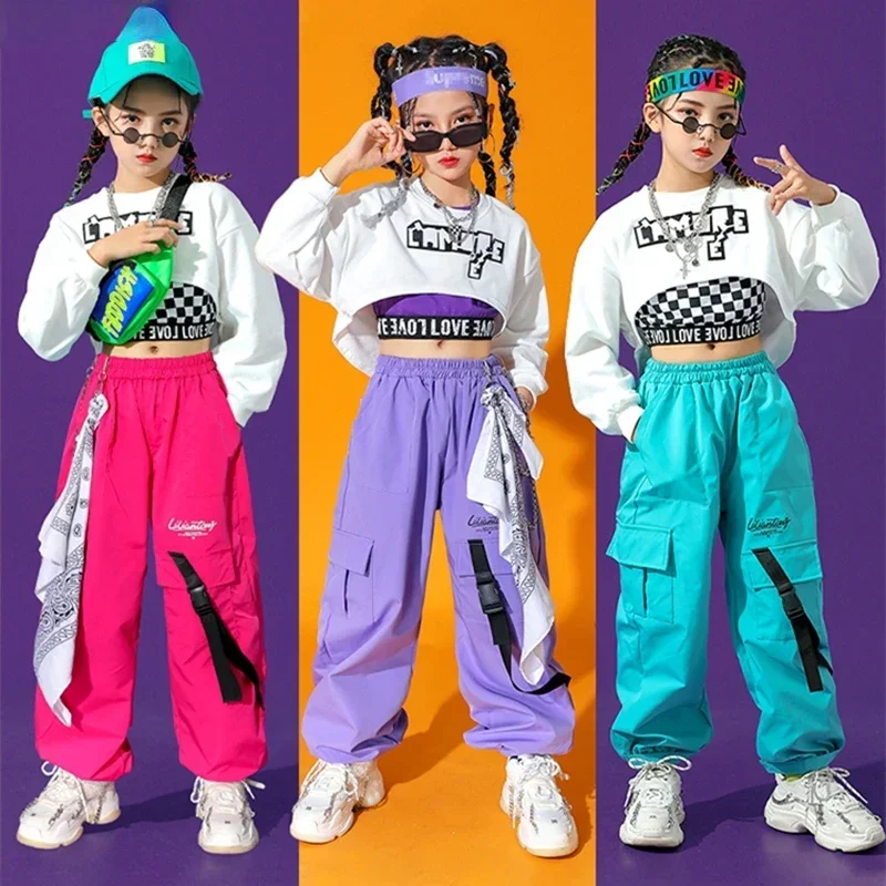 

Crop Top Child Streetwear Cheerleader Solid Joggers Kids Jazz Street Dance Stage Clothes Sets Hip Hop Girls Colorful Cargo Pants