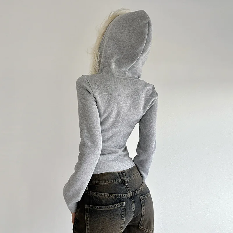 Otoño e Invierno nueva chaqueta básica con capucha de piel sintética con botones abiertos y diseño dividido de color sólido