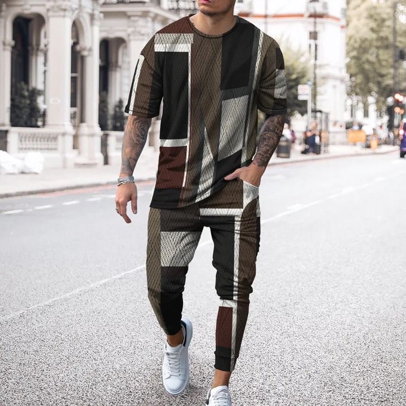 

Новинка 2025 года, хит продаж, летняя мужская модная тенденция, повседневная уличная одежда, популярный тонкий брючный костюм с короткими рукавами и простым принтом