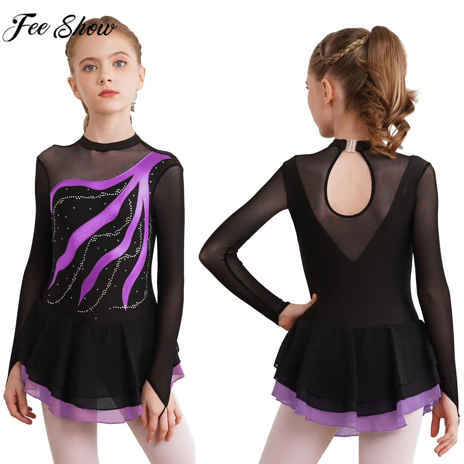 Children Girls Figure Skating Leotard Dress Long Sleeve Rhinestone Mesh Dancewear for Lyrical Dance Ballet Gymnastics Acrobatics