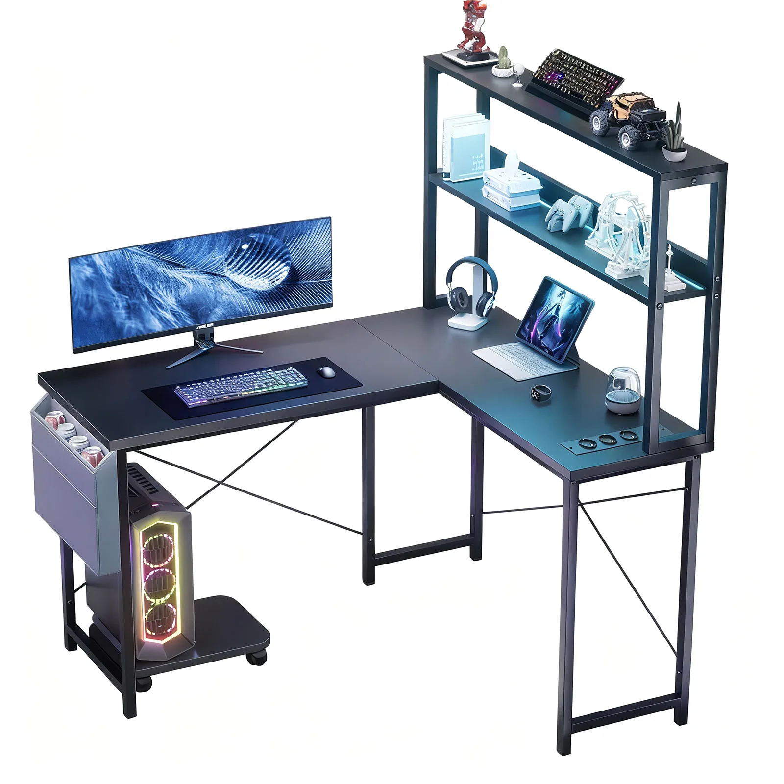 Biurko gamingowe w kształcie litery L o długości 148 cm z półką i oświetleniem LED RGB, biurko narożne, stół komputerowy z wbudowaną listwą zasilającą.