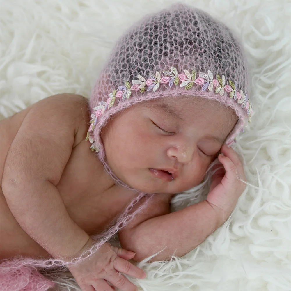 Don&Judy Crochet Mohair Baby Hat Photography Props Boys Girls Floral Newborn Infant Caps Headwear Studio Photo Shoot Accessories