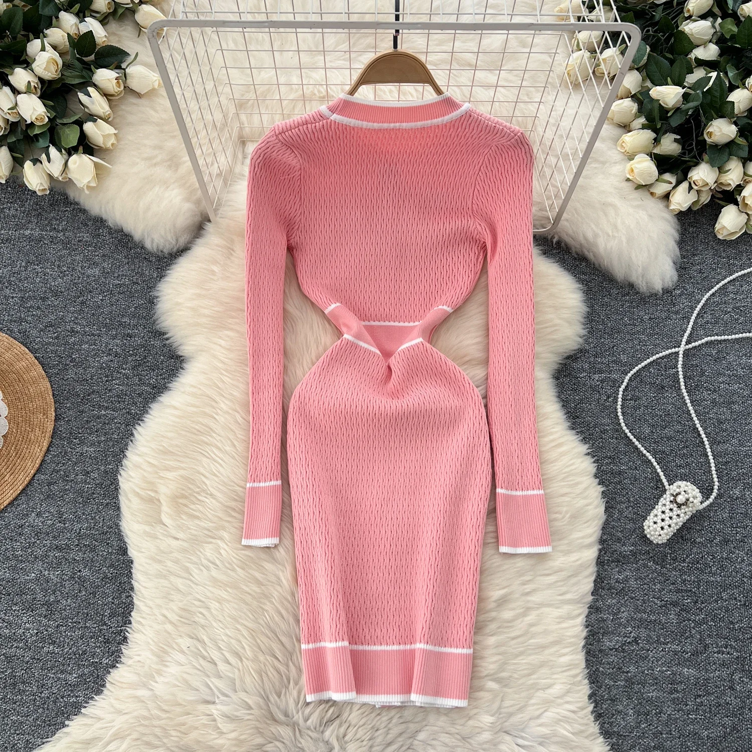 Elegant Patchwork Vintage O-neck Chic Long Sleeve Slim Single Breasted Knit Dresses Women Korean Evening High Street Clothing