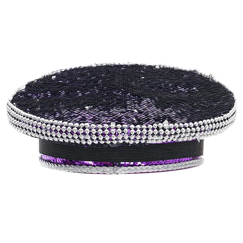 

Золотисто-фиолетовые шляпы для мужчин и женщин, роскошная военная кепка со стразами и пайетками, для панк-фестивалей, вечеринок, клубов, сценических выступлений, косплея