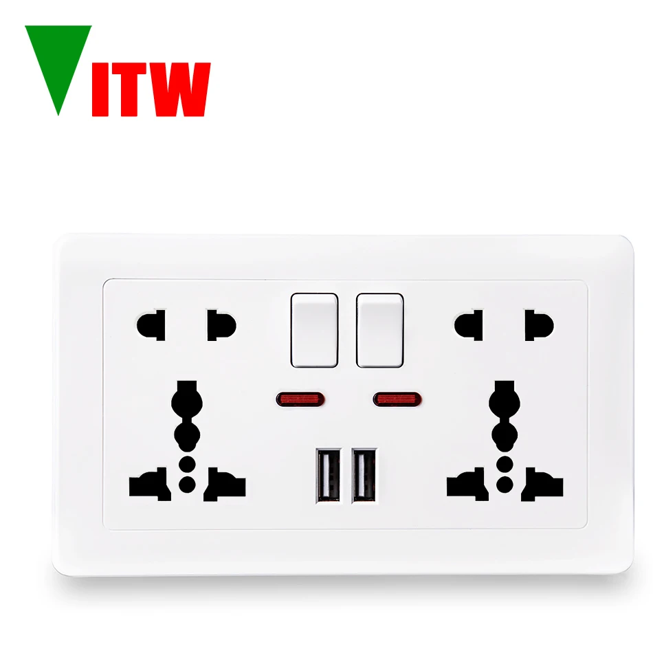 Vitw 146*86mm EU International Universal Multi-Function Wall Panel, British Style with USB Switch, Dual 5-Hole 250V Power Outlet