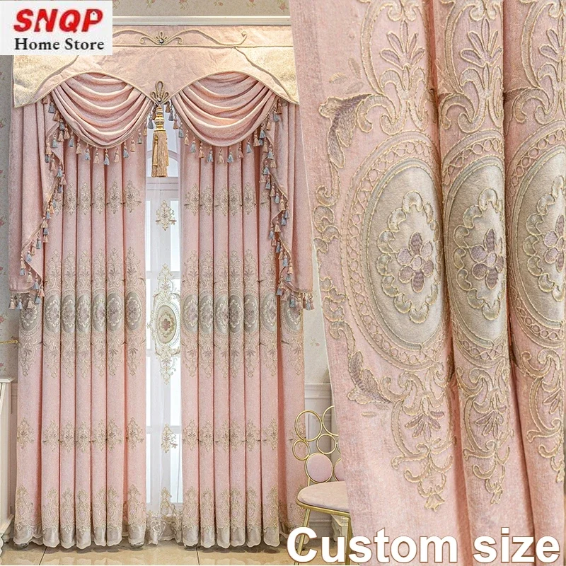 

European Thicken Chenille Pink Embroidery Curtains for Living Room Bedroom Dining Girls Princess Room Luxury Decor Custom Size