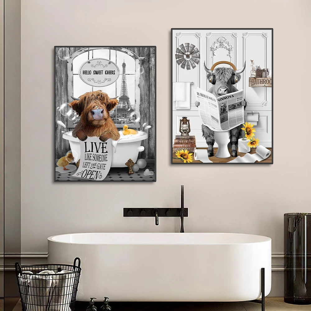 Modern Creative Wall Art Funny Animal Poster Print Highland Cattle in Bathtub Canvas Painting Picture for Bathroom Toleit Decor