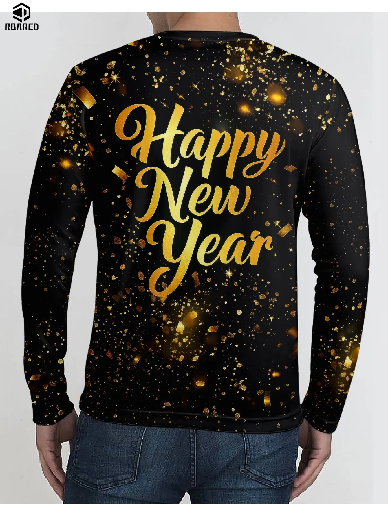 تي شيرت رجالي بأكمام طويلة مطبوع ثلاثي الأبعاد يسمح بمرور الهواء مريح 2026 سنة جديدة سعيدة