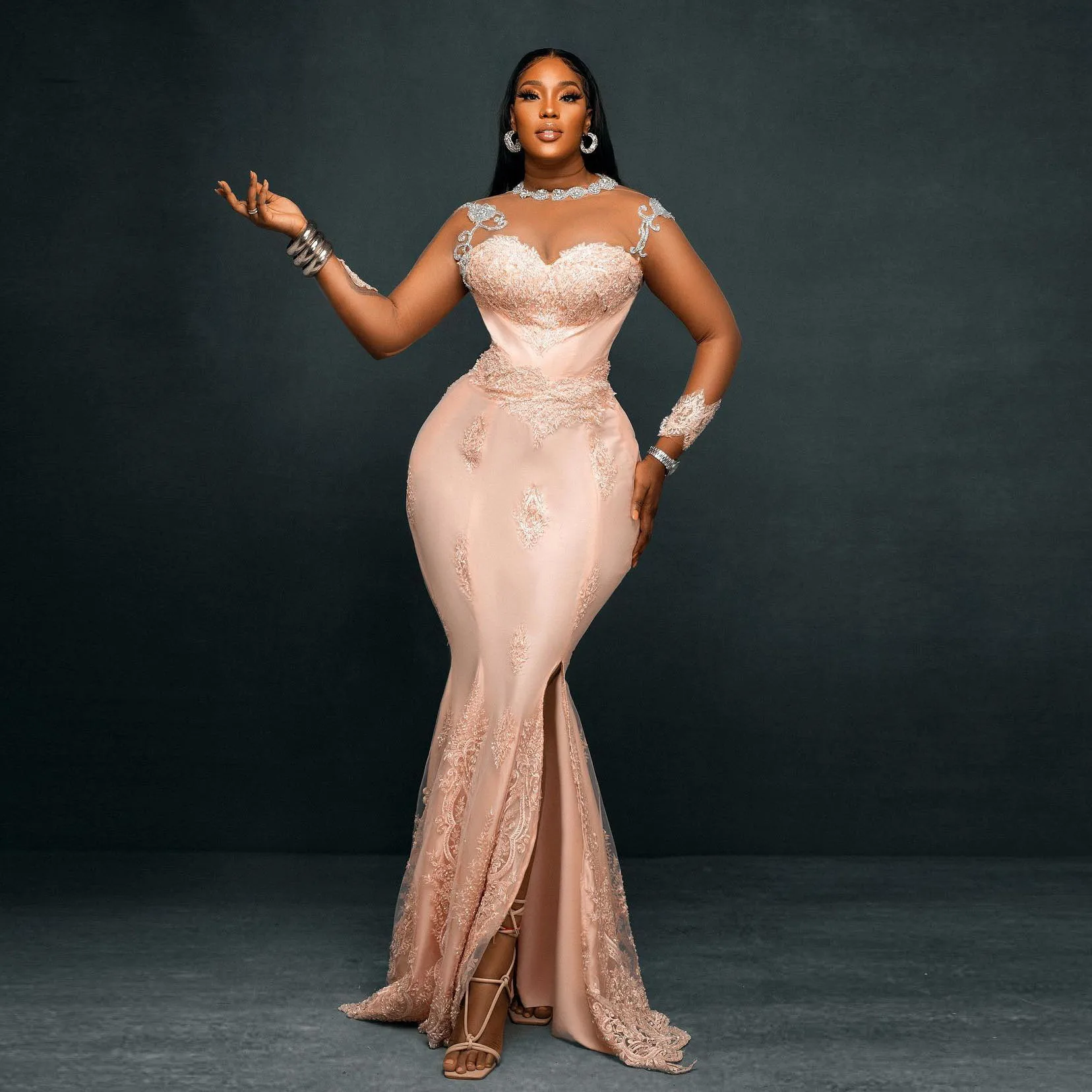 Plus Size afrikanische Meerjungfrau Spitze Ballkleider schiere lange Ärmel Seitens chlitz Aso Ebi formelle Abendkleid erröten rosa Party kleider