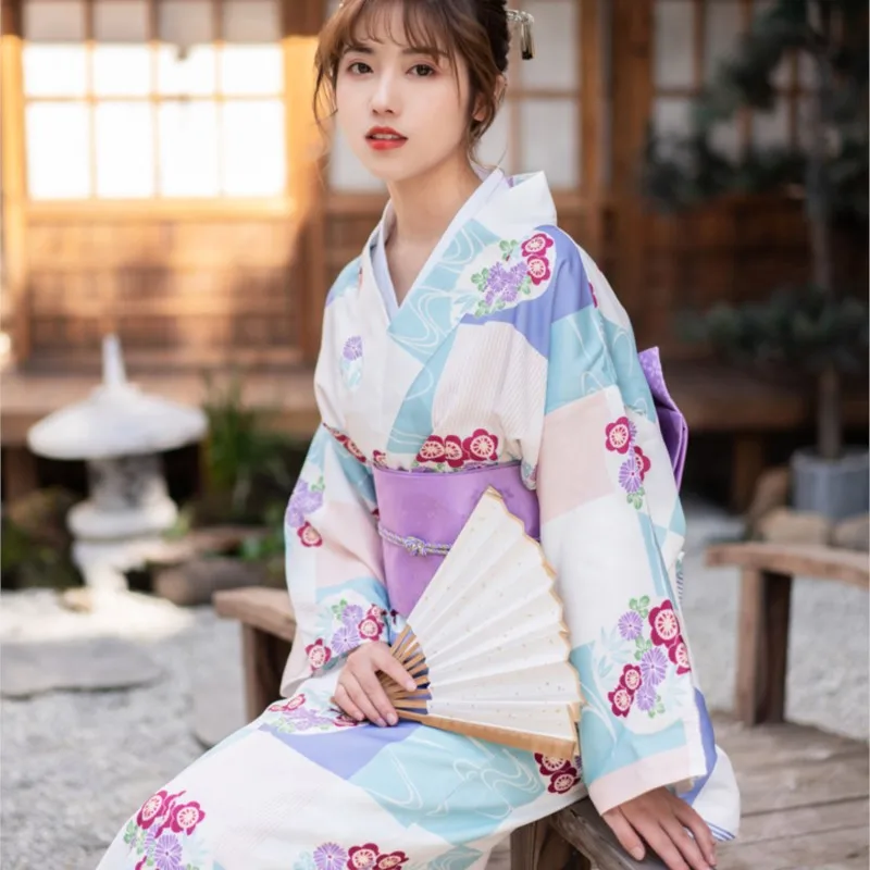 High Quality |Japanese Style Kimono Bathrobe Retro Zephyr Long Sleeve Women Dress Photo Blue And White Plaid Light Purple